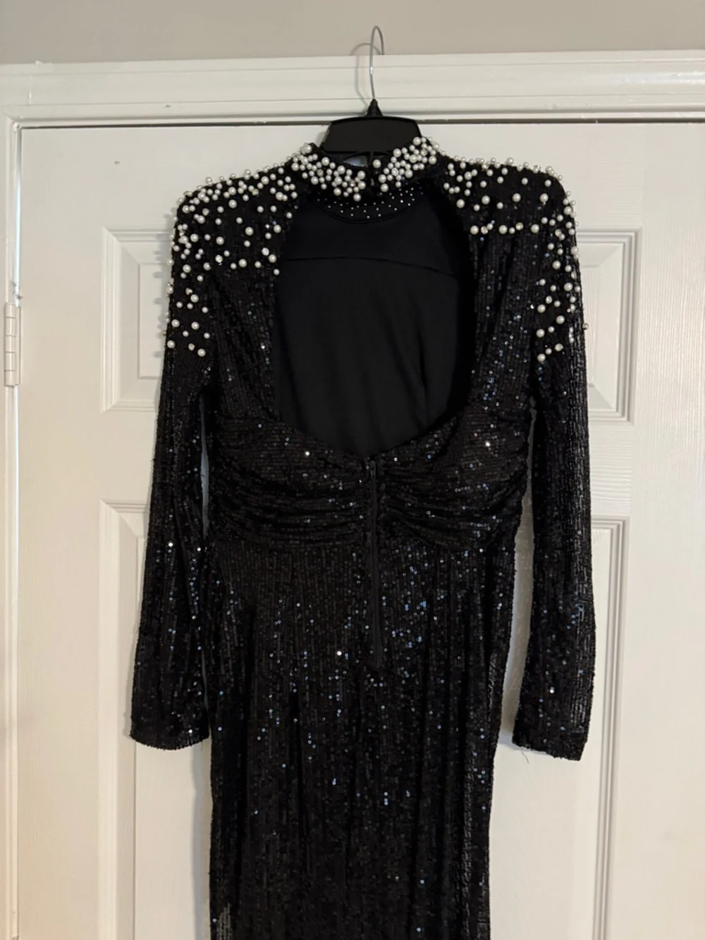Black Beaded Long Sleeve Evening Gown - Picture 5 of 6